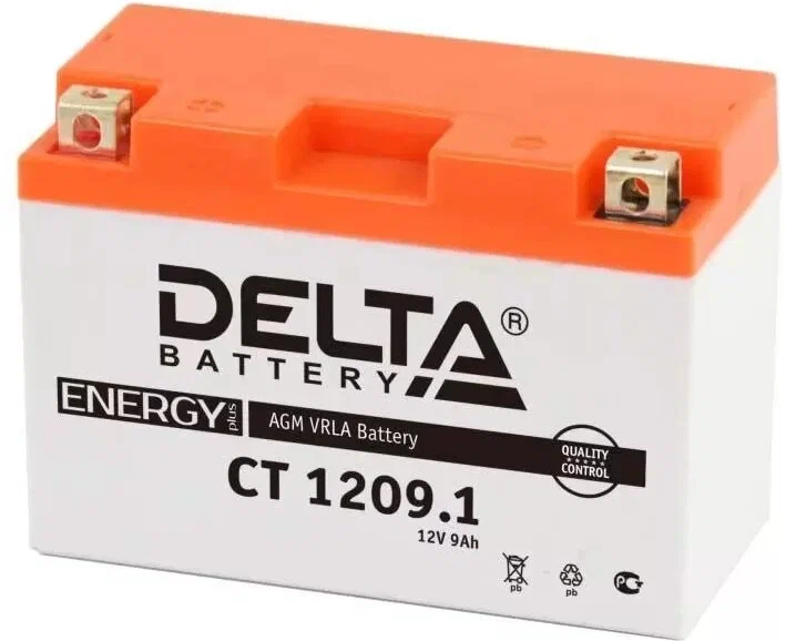 Аккумулятор Мото, Скутер 12В 9 А ч. Delta ( СТ1209) (150х87х105) (залитый) AGM 